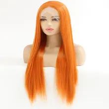 Hand Tied Orange Red Long Silky Straight Heat Resistant Hair Wigs Cosplay Celebrity Girl Wedding Party Synthetic Lace Front Wig
