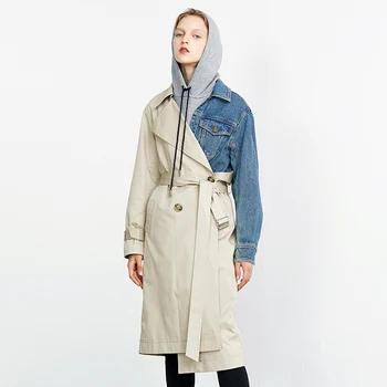 

SuperAen Medium Length Denim Patchwork Windbreaker Coat Women's Fall 2020 Loose Lace Up Casual Top Jacket