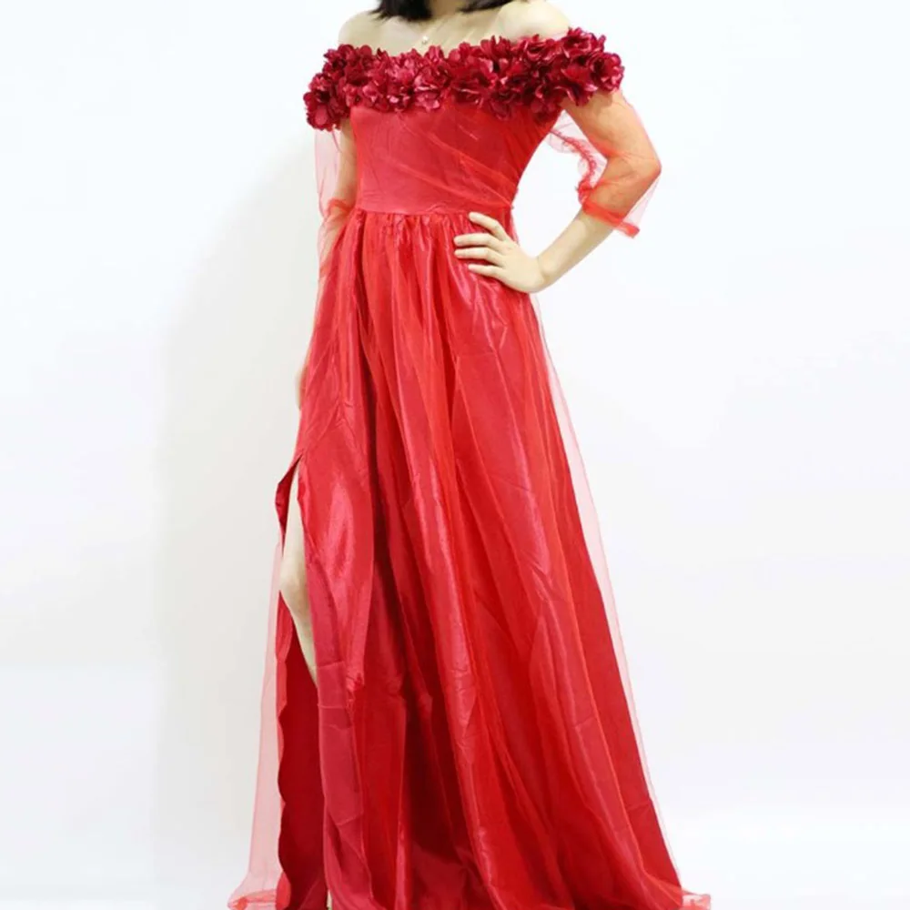 

Red Mesh Elegant Evening Dress Sexy Ruffled Off Shoulder Long Party Dress Plus Size Blue Split Lace Vestidos Evening Gown