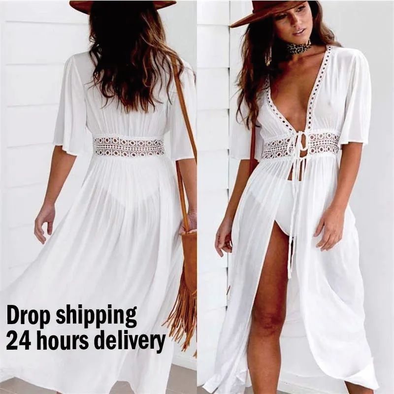 XXXL Bikini Cover Up Long Maxi Dress Beach Cover Up Tunic Pareo White V Neck Dress Robe Swimwear
