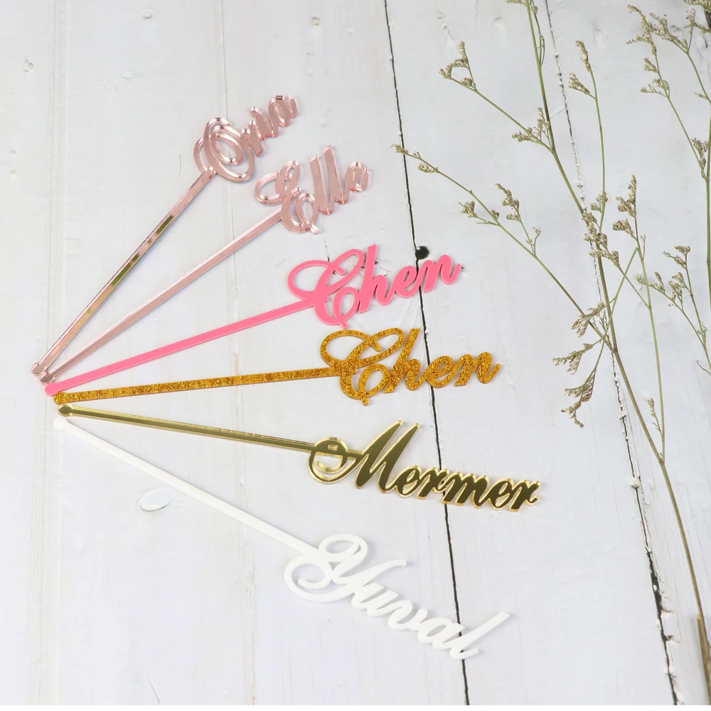 Personalized swizzle sticks last name  table centerpiece Birthday Bridal shower Custom Mirror Gold Drink stirrers stir stick wedding Party Decor (2)