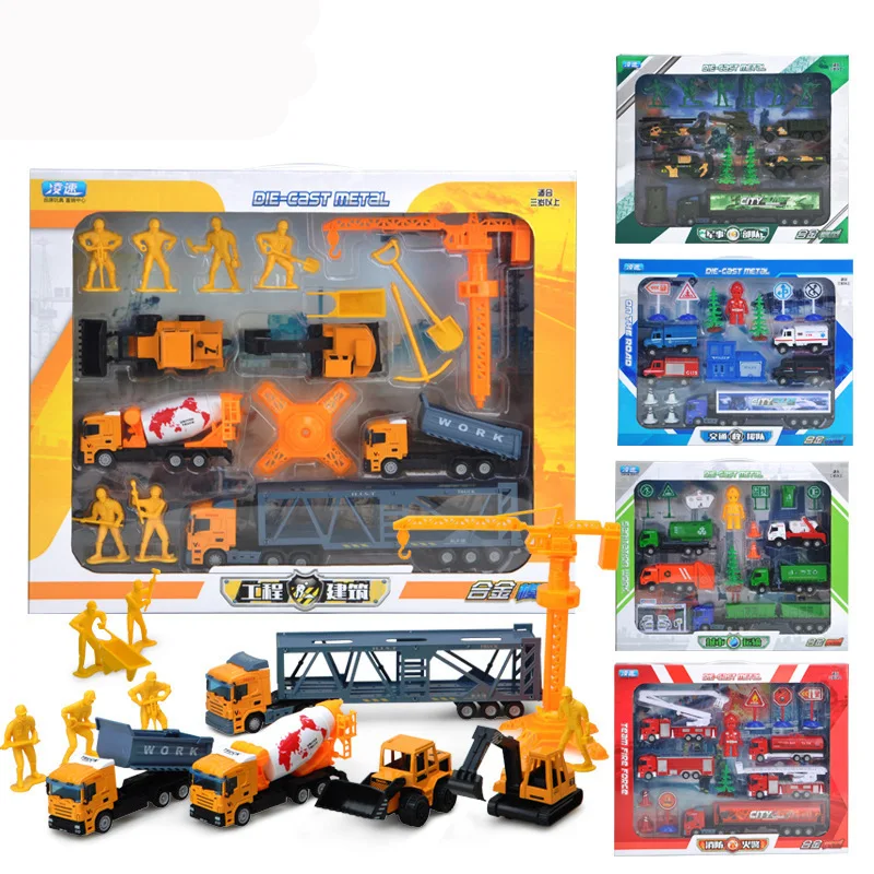 

Warrior Alloy Car Model CHILDREN'S Toy Scene Gift Box Firefighting Military Set with City Traffic Road Signs