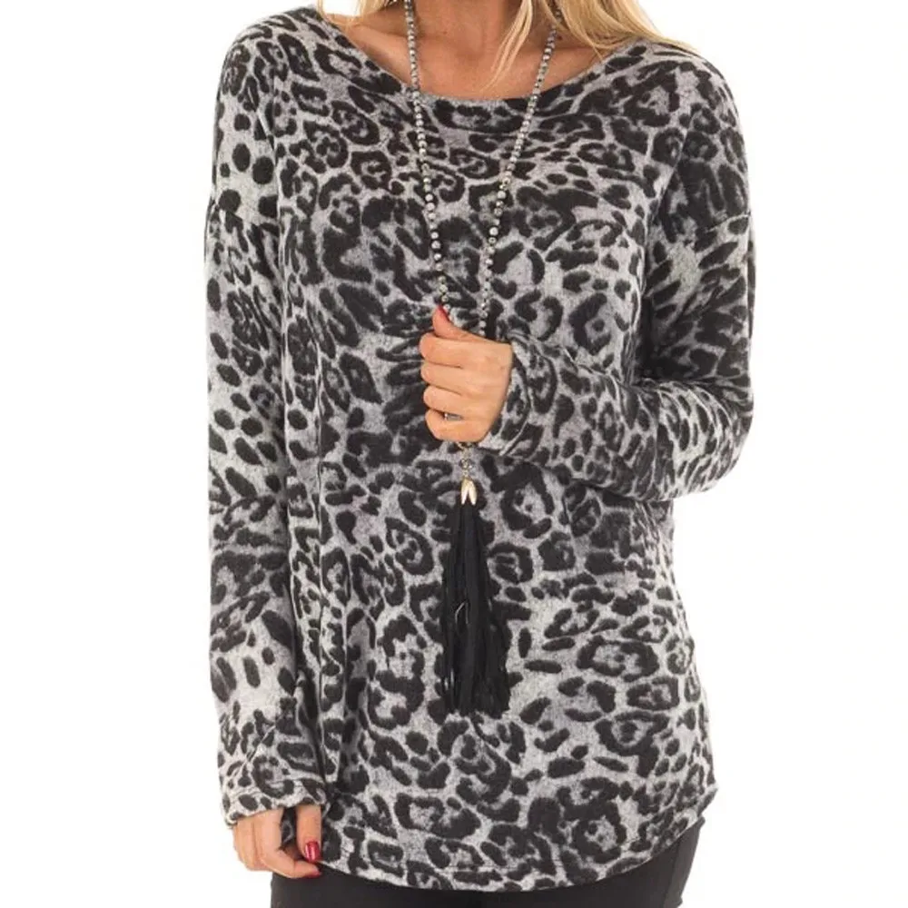 

S-XL Deep V Neck Blouse Women Women Top Multicolor Leopard Long Sleeve Loose Pullovers Blouses Print Autumn Casual Tunic #10
