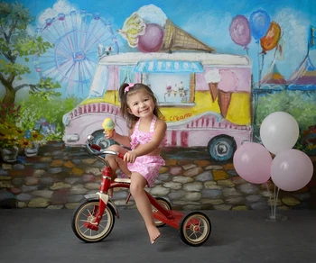 

Pink Ice Cream Truck Store Photography Background Ferris Wheel Girl 1st Birthday Backdrops Children Backgrounds for Photo Studio