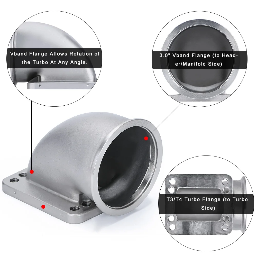 1 Pair 3.0" Vband 90 Degree Cast Turbo Elbow Adapter Flange 304 Stainless Steel + Clamp and Flange For T3 T4 Turbocharger