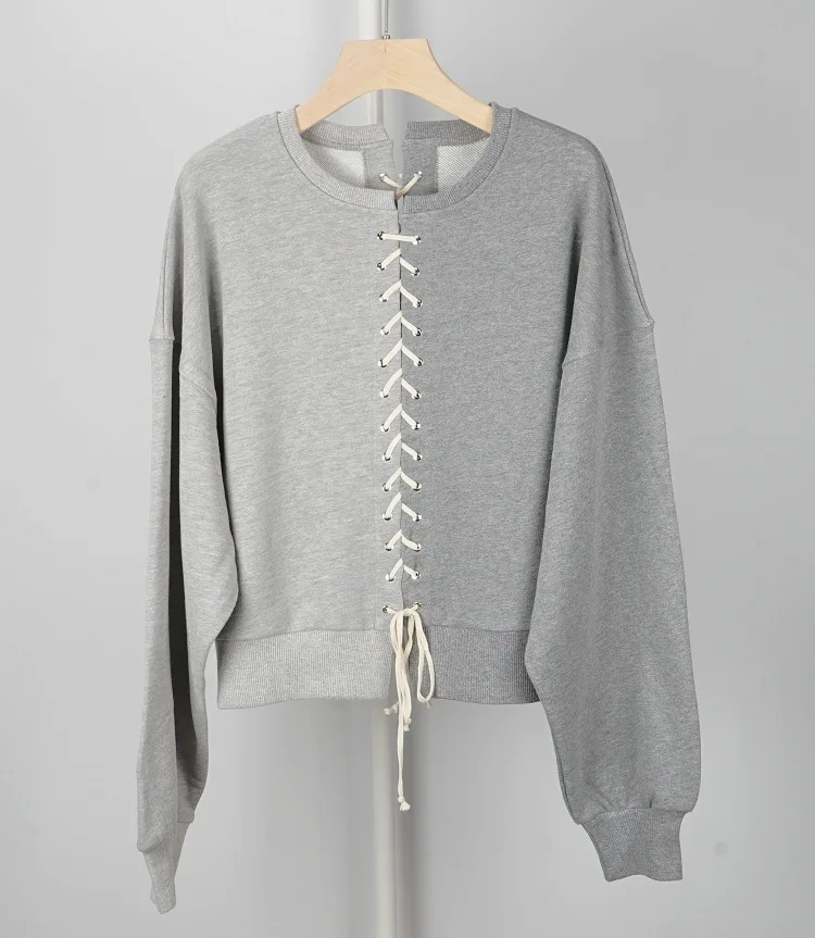 

Heavy-end women gray color sweatshirt two-color patchwork strap tie cross decoration loose top female sweatshirt