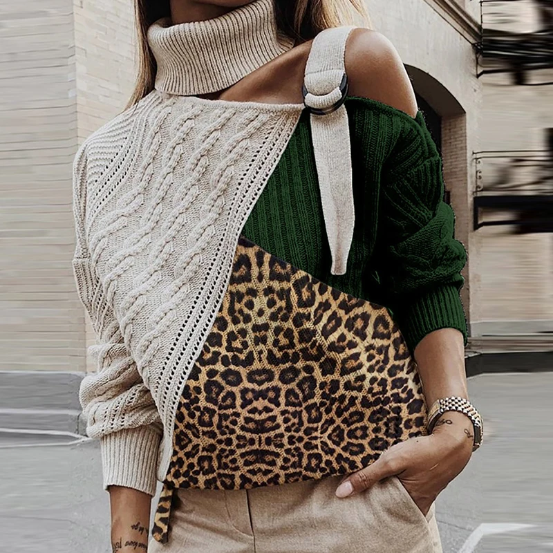 Леопардовый лоскутный вязаный свитер для женщин с открытыми плечами Водолазка Теплые осенние свитера пуловер зимний длинный рукав в полоску ребристые Топы