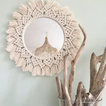 

Macrame Mirror Handmade Tapestry Makeup Mirror Compact Bohemia Decoration Home Bedroom Decorative Mirrors Wall Mirror off white