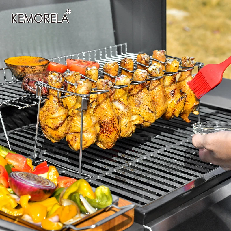 BBQ Silver Picnic and Outdoor Ultrafun Chicken Leg Wing Grill Rack 14 Slot Stainless Steel Collapsible BBQ Roaster Grill with Drip Tray for Smoker Grill Oven 