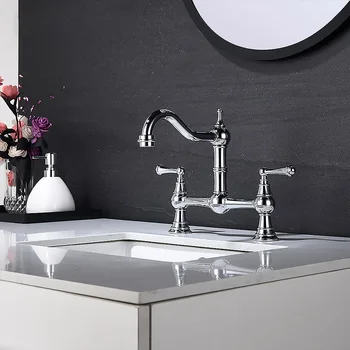 

Double Handles Widespread Kitchen Faucet Toilet Bathroom Hot Cold Water 3 Holes Water Tap