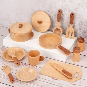 

15pcs Solid Wood Play House Toy Log Cut Music Simulation Kitchen Tableware Game Role Playing Cognition Parent-child Interaction
