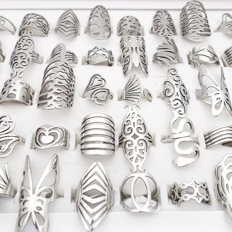 20pcs Fashion Stainless Steel Rings for Women Mix Styles Carved Flowers Butterfly Unique Party Jewelry Lot