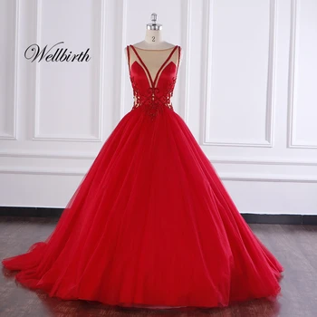 

100% real picture Wellbirth Vestido de novia tulle bead Ball Gown Wedding dress Cap Sleeve V-neck Bridal gown LC020