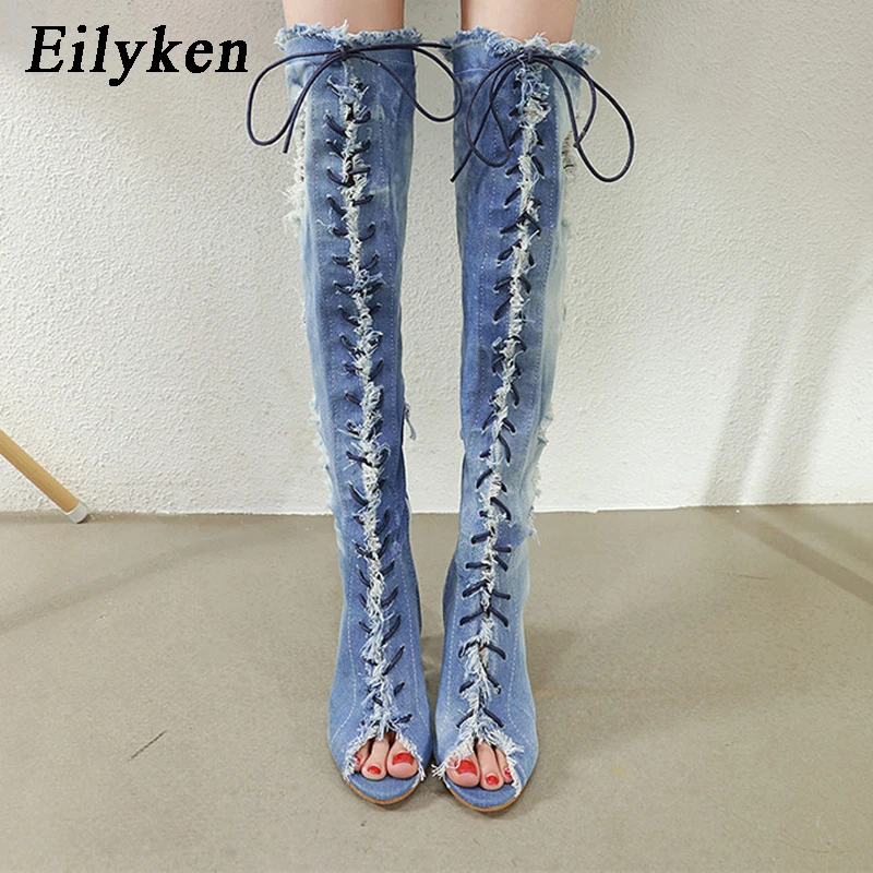 Eilyken сексуальные женские сапоги выше колена с открытым носком длинные со