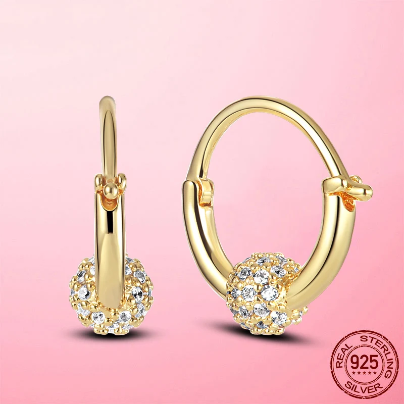 Original Pave Bead Hoop Earrings for Women 925 Sterling Silver & CZ Zircon Gold Color Fashion S925 Jewelry Joyas | Украшения и