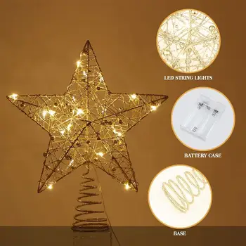 

25 X 30cm Christmas Tree Iron Topper Star Glitter Treetop Star With String Lights Christmas Party Decoration Xmas Decor (Golden)