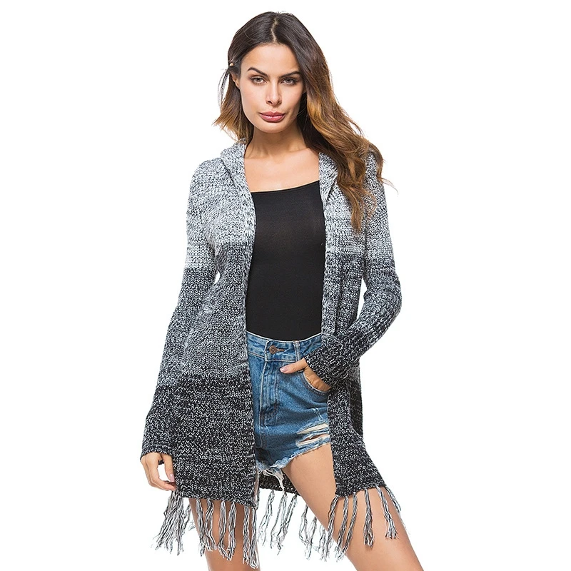 Вязаный кардиган с кисточками женский свитер с капюшоном повседневное пальто осень зима длинный кардиган свободный длинный рукав открытый стежок кардиганы