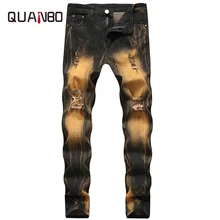 QUANBO 20109 Autumn Winter Men's jeans Slim Fit Straight Ripped Yellow Vintage Denim Trousers High Quality Streetwear Hole Jean