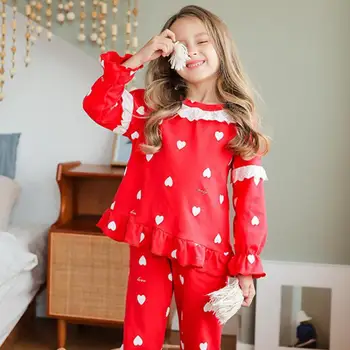 

2020 Spring Lovely Cute Girls Pajamas Suit Love Print Lace Kids Pyjamas Sets Girl Clothes Cotton Baby Pijamas Children Homewear