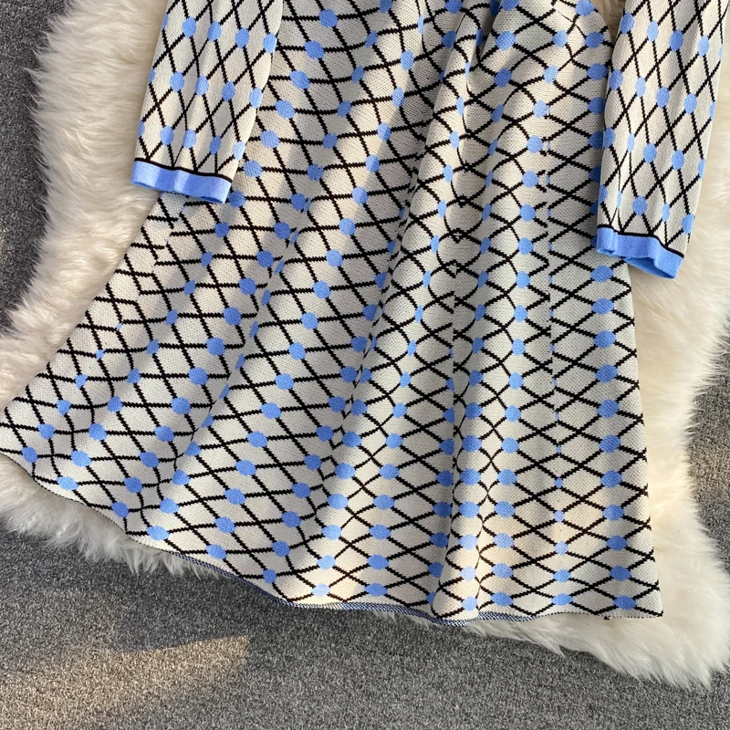 Houndstooth Autumn Winter O-Neck Long Sleeve Knitted Dress Women's Slim Waist Pearl Buttons Fashion Bright Shinny Outfit Vestido Houndstooth Autumn Winter O-Neck Long Sleeve Knitted Dress Women's Slim Waist Pearl Buttons Fashion Bright Shinny Outfit Vestido