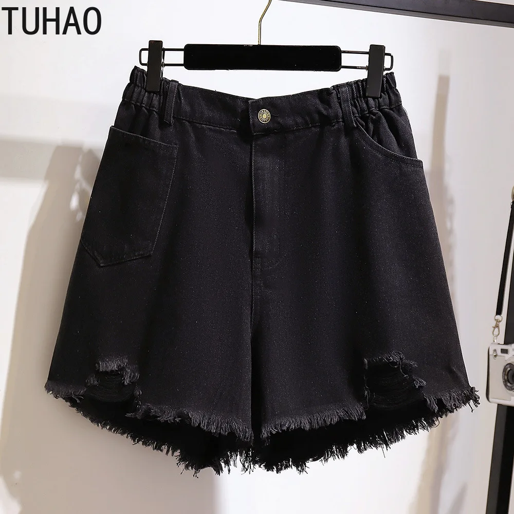 

TUHAO 2020 Large Size 6XL 5XL 4XL 3XL Summer Thin High Waist Straight Wide Leg Jean Shorts Loose Hole Rough Denim Shorts WM22