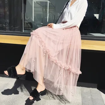 

Tulle Skirts Womens Midi Pleated Skirt Black Pink Tulle Skirt Women 2020 Spring Summer Korean Elastic High Waist Mesh Tutu Skirt