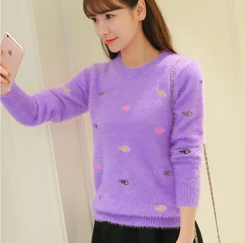 

and Winter 2018 New Korean Edition Thickened Round-collar Short-sleeved Mahai Hair Embroidery Knitted Bottom Sweaters