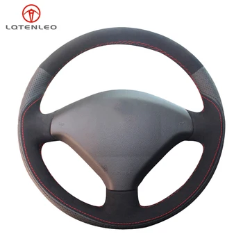 

LQTENLEO Black Genuine Leather Suede Hand-stitched Car Steering Wheel Cover For Peugeot 307 2001-2008 307 SW 2005 2006 2007 2008