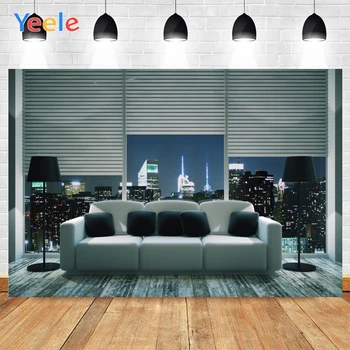 

Yeele Indoor Window Gray Sofa Night City Building Relaxing Background Photophone Photography Backdrops for Decor Customized Size