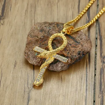 

Modyle Mens Snake Cross Necklaces Gold Tone Stainless Steel Ankh Pendant colar masculino