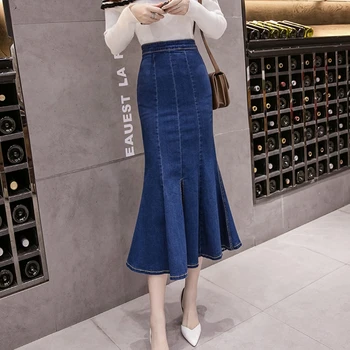 

New Fish Tail Denim Skirt Women Mid-Calf Mermaid Trumpet Long Skirt Ruffles Zipper Empire High Waist Jeans Stretchy
