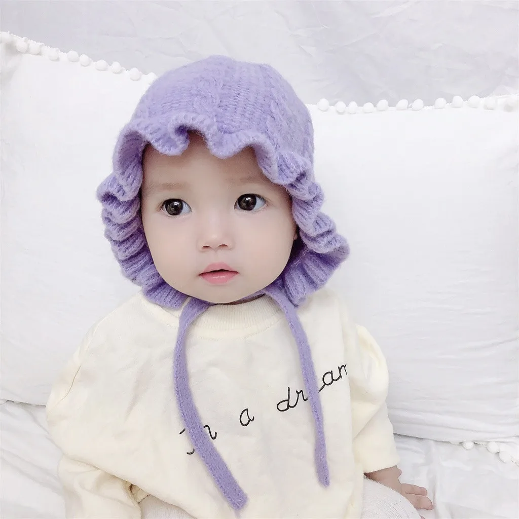 Princess Baby Girl Hat Laciness Knit Winter Newborn Hat Baby Bonnet Enfant Hats Kids Cap for Girls Warm New Born Caps#C
