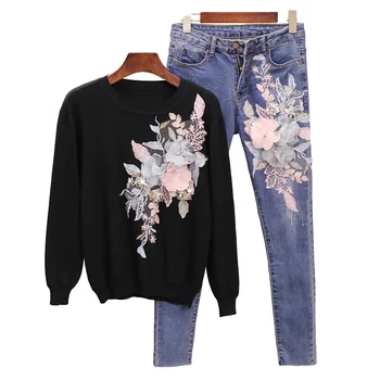 

New Fashion Two Piece Set Women 2020 Spring Autumn Sequins Embroidery Flowers Long Sleeve knitwear Tops + Slim Jeans Set H559