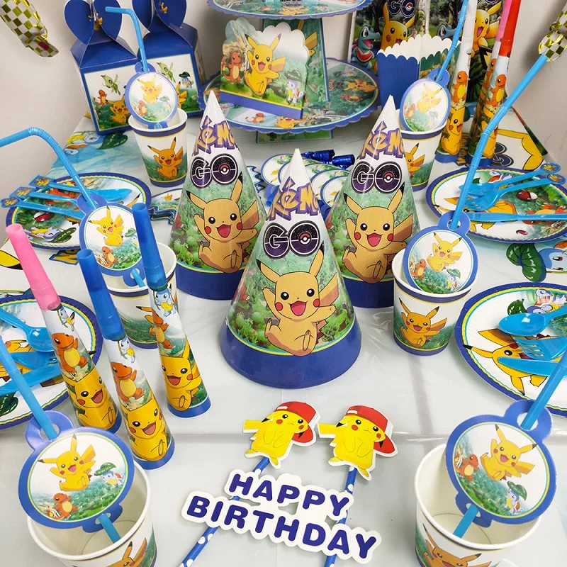 Pokemon Pikachu birthday party decoration Pokemon theme tableware  Plate Cup cake topper boy girl Birthday Party Supplies toy figures