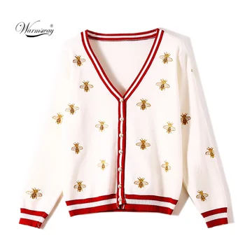 

High Quality Fashion Designer Bee Embroidery Cardigan Long Sleeve Single Breasted Contrast Color Button Knitted Sweaters C-196