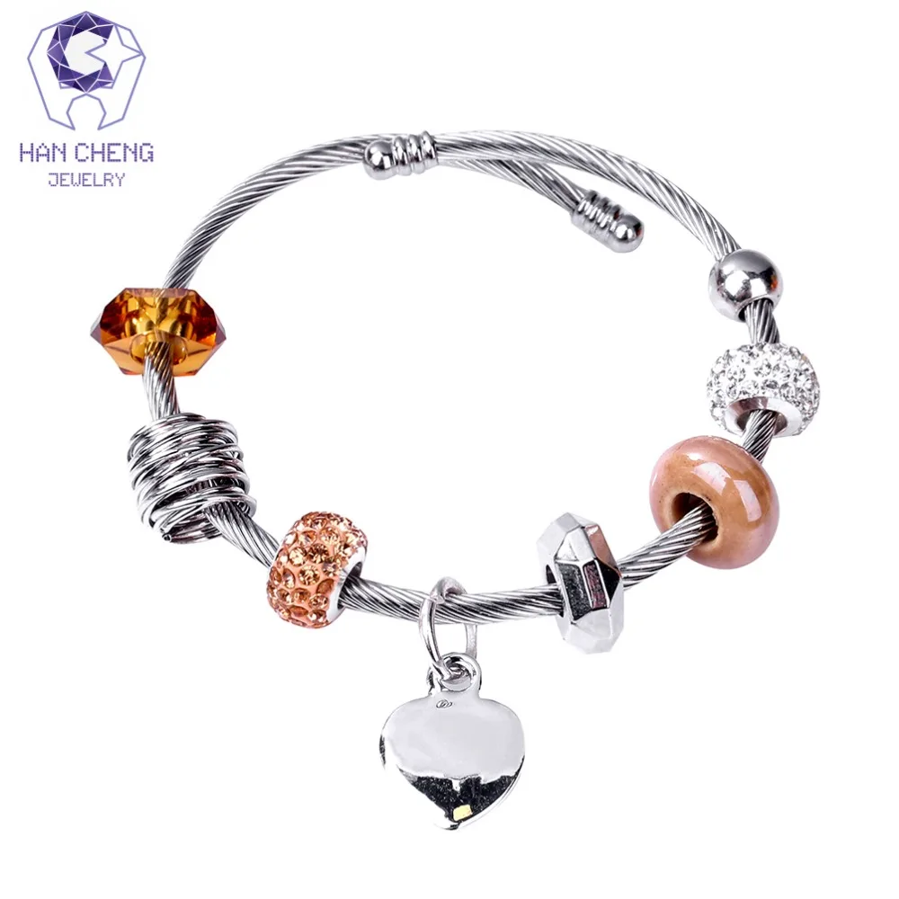 

HanCheng Boho Bangle Handmade Heart Charm Bracelet Rhinestone Crystal Glass Beads Bracelets & Bangles for Women Jewelry Silver