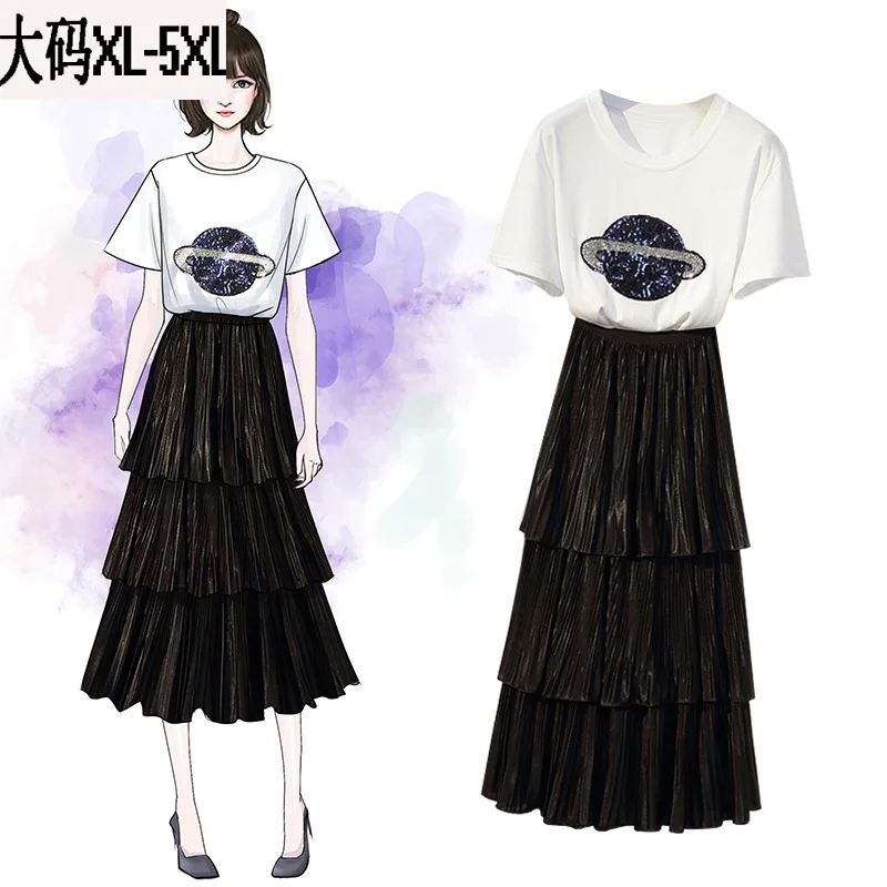 

2019 Large Size Dress Summer Wear New Style Fat Mm Sequin Earth T-shirt Tops-Style Cake Dress Skirt Set