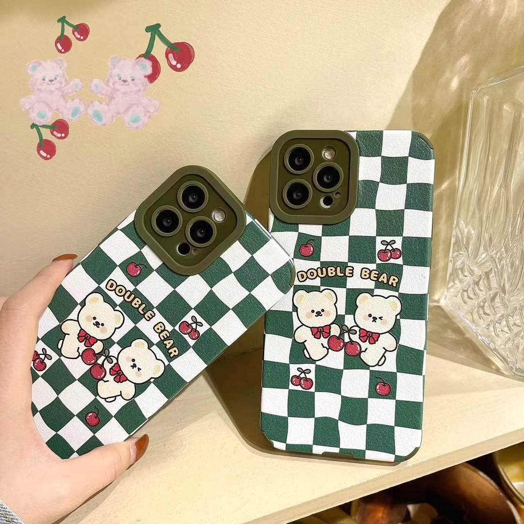 Cartoon Bear Green Plaid Backgroud Per Iphone 8P 11 12 11Promax 12Promax X Xsmax Xr 13 13Promax Antiscivolo Soft Shell