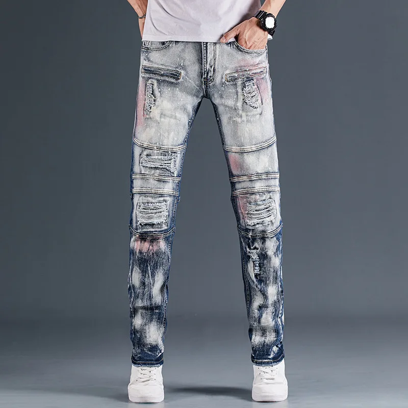 light blue jeans men Ripped Holes Stitching Motorcycle Jeans Men's High Street Punk Style Stretch Slim Denim Hip Hop Vintage Straight Trousers jeans men