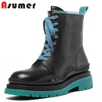 

Asumer 2020 hot sale genuine leather ankle boots women round toe mixed colors fashion casual shoes ladies motorcycle boots