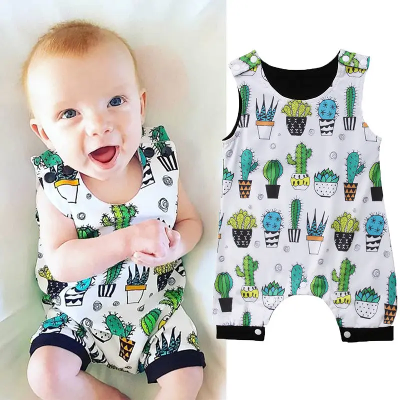 Floral Sleeveless Baby Boys Girls Romper Summer Cactus Unisex Sunsuit Outfit 
