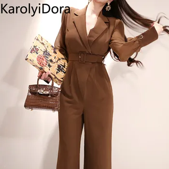 

Fashion 2020 jumpsuit Korean temperament suit collar belt waist professional trousers were thin wide leg pants