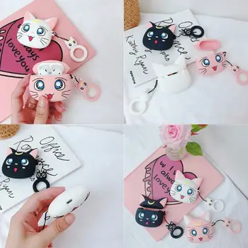 

Lovely Moon Cat Pattern Soft Silicone Protective Cover Shockproof Case Skin with Lanyard for Airpods 1/2 Charging Box Accessorie