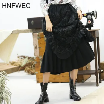 

Black Splice Flower Embroidered Mid-length Skirt Women 2020 New Spring Vintage Loose A-line Irregular Skirt Tide V294