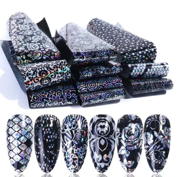 121 10pc Holographic Foils Nail Transfer Wraps Lace Flower Snowflake Clear Black Adhesive Sticker Set Nail Foil Gradient Tips CH1040 - Цвет: 121
