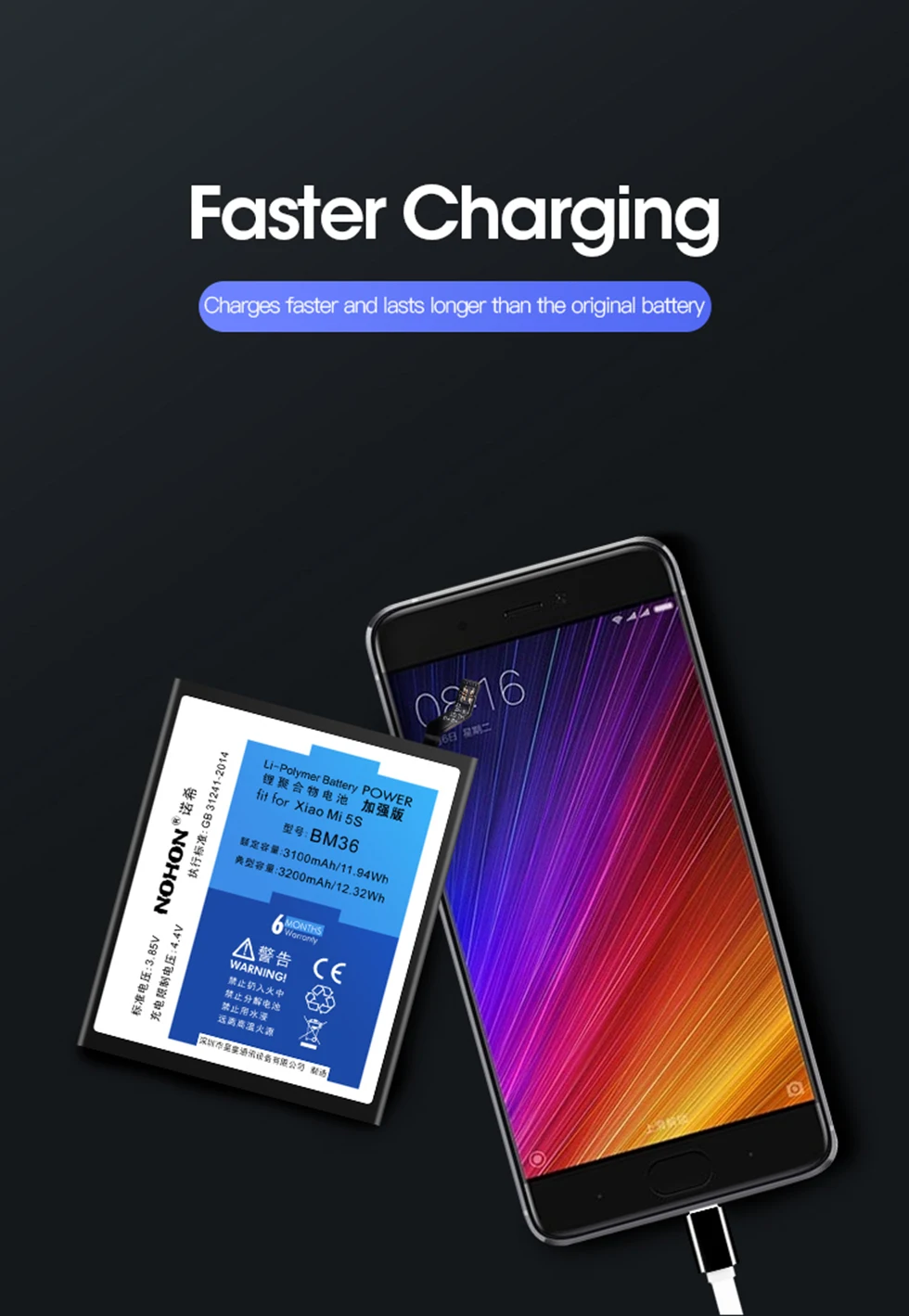 nohon аккумулятор BM22 BM32 BM35 BM36 BM39 для Xiaomi Mi 4 4C 5 5S 6 запачасти замены lcd мобильного телефона Bateria высокое Ёмкость акумуляторная батарея