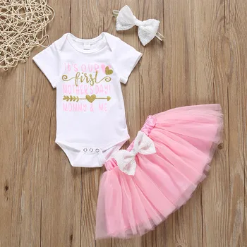 

Summer My 1st Mother Day Baby Girl Clothes Short Sleeve Letter Printed Bodysuit+Tutu Skirt+Headband Outfits