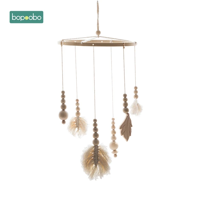 Bopoobo 1set Silicone Beads Baby Mobile Beech Wood Bird Rattles Wool Balls Kid Room Bed Hanging Decor Nursing Children Products Woven leaves