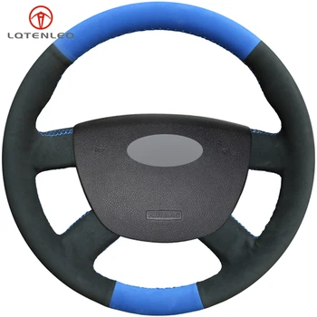 

LQTENLEO Black Suede Blue Suede DIY Car Steering Wheel Cover For Ford Grand C-MAX 2011-2014 Transit 2010-2013 Focus 2 2005-2011