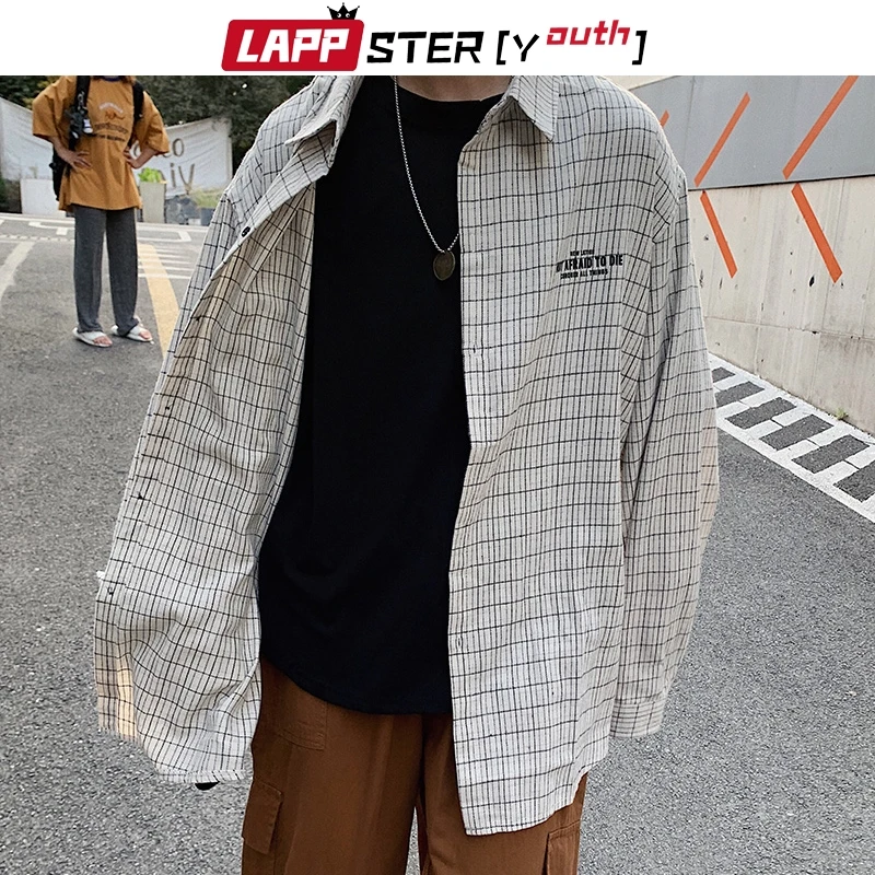 LAPPSTER-Youth Мужская Уличная Harajuku клетчатые рубашки Мужская модная рубашка белая рубашка с длинным рукавом на пуговицах негабаритная 5XL